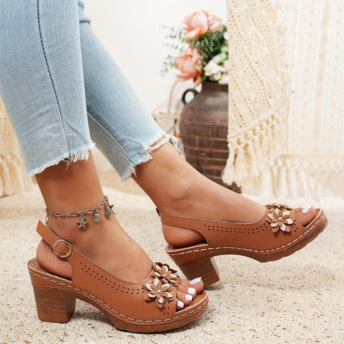 Brown Buckle Ankle Strap Flat Sandals