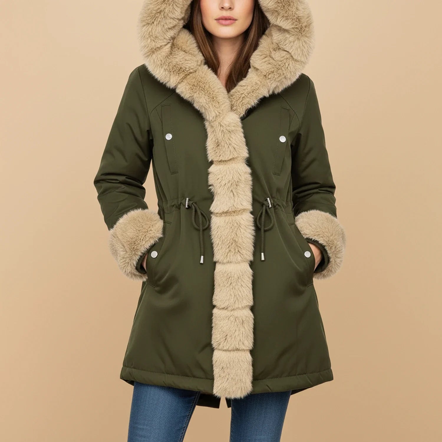 Women's Hooded Winter Jacket Faux Fur Trim - VibreMode
