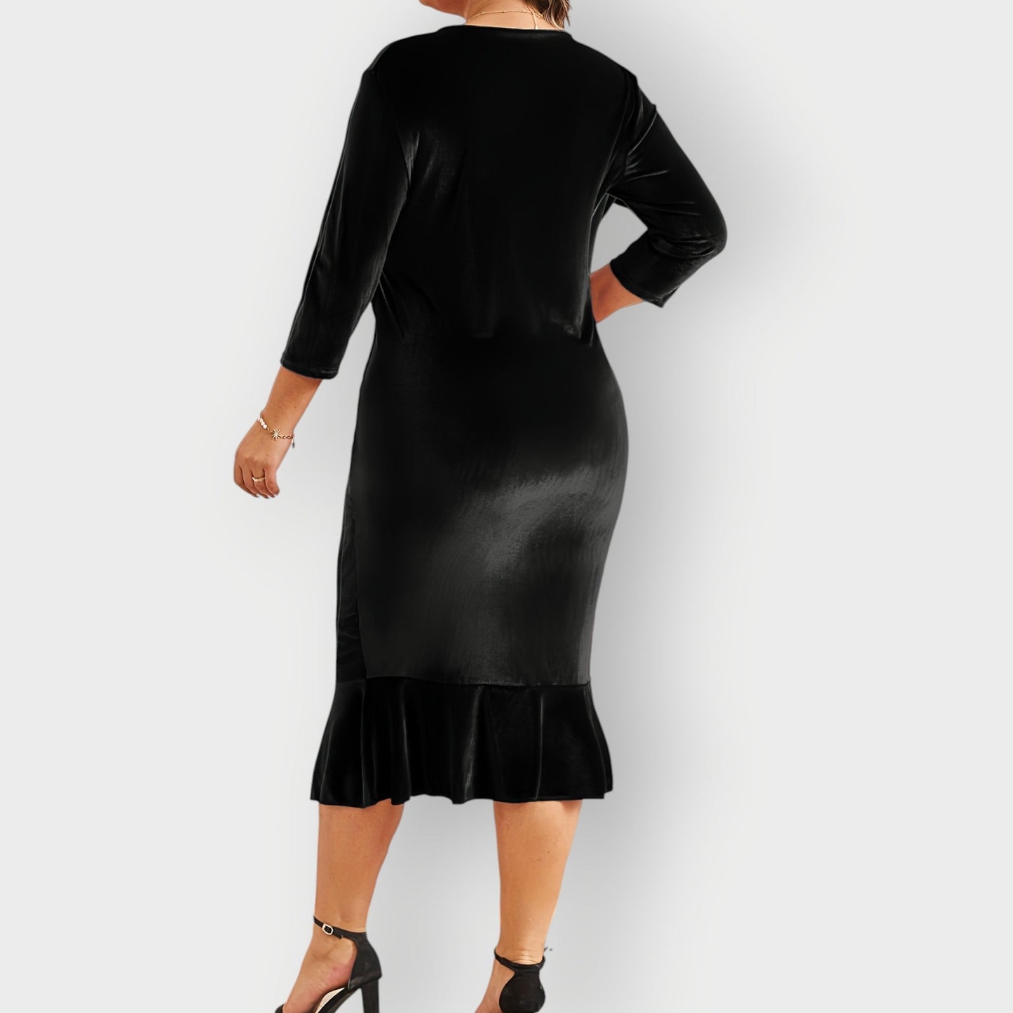 Women's Velvet Midi Dress Ruffle Detail