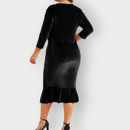 Women's Velvet Midi Dress Ruffle Detail
