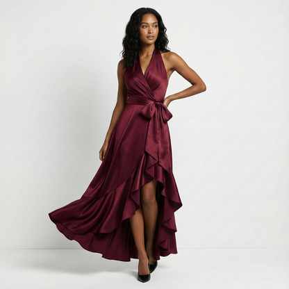 Women's Satin Maxi Dress Halter Neck Ruffled Hem