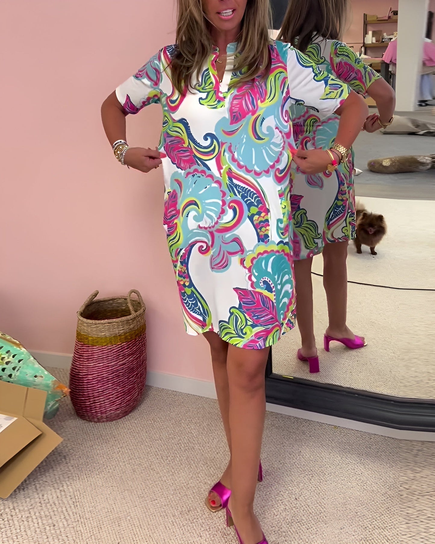 Relaxed Fit V Neck Printed Summer Dress for Women