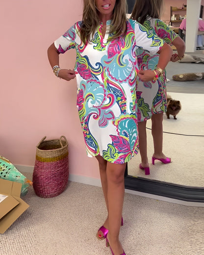 Women's V Neck Printed Draped Dress Tummy Control Casual Summer