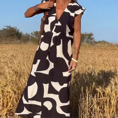 Women's Abstract Print Maxi Dress Lace Flowy - VibreMode
