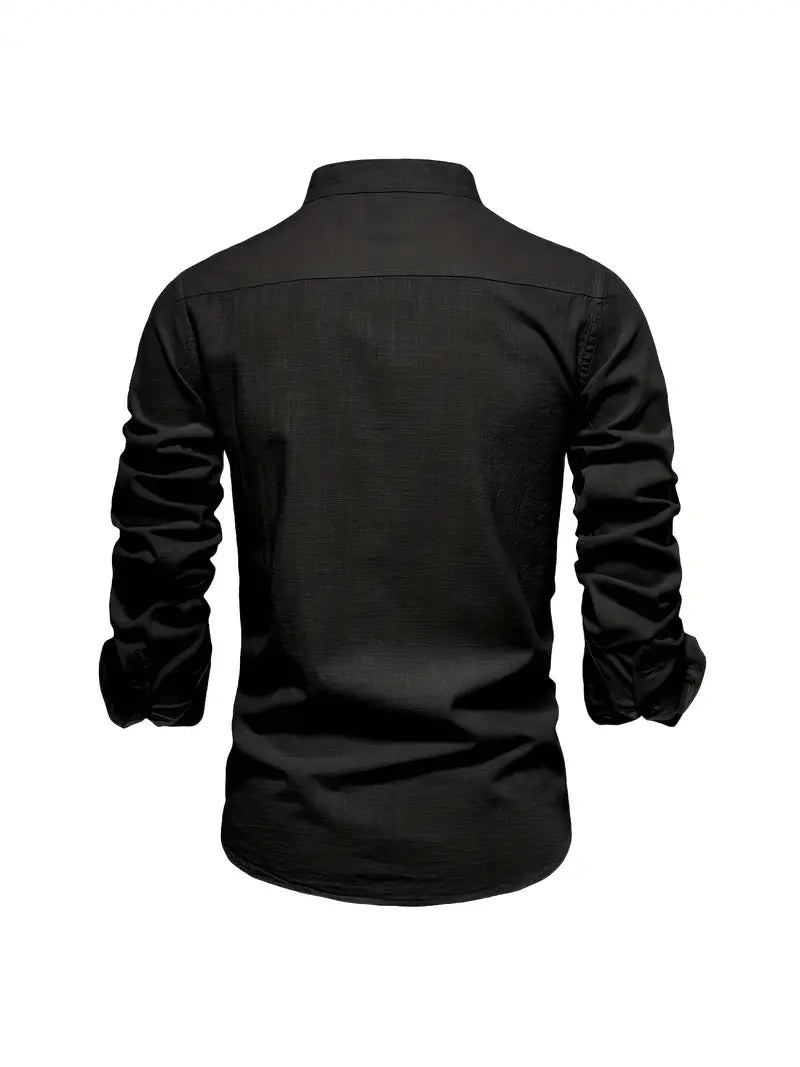 Men's Long Sleeve Button Shirt Band Collar White