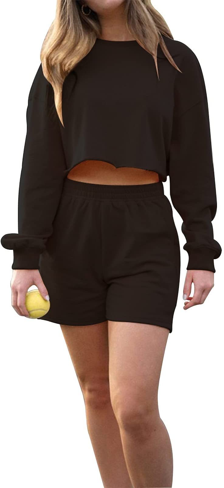 Women's Sports Sweater Set Long-Sleeved Solid Shorts - VibreMode
