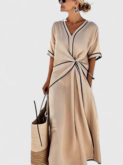 Elegant V Neck Tie Waist Midi Dress for Women