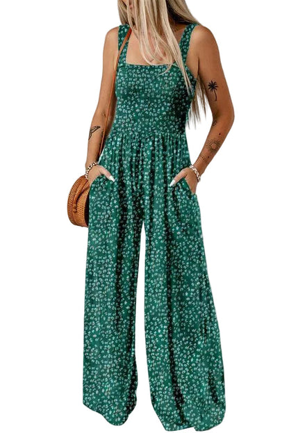 Women's Smocked Jumpsuit Wide Leg Cotton Side Pockets