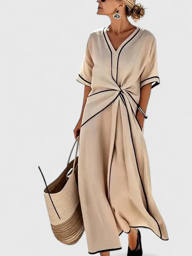 Elegant V Neck Tie Waist Midi Dress for Women - VibreMode