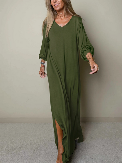 Relaxed Fit V-neck Long Dress - VibreMode
