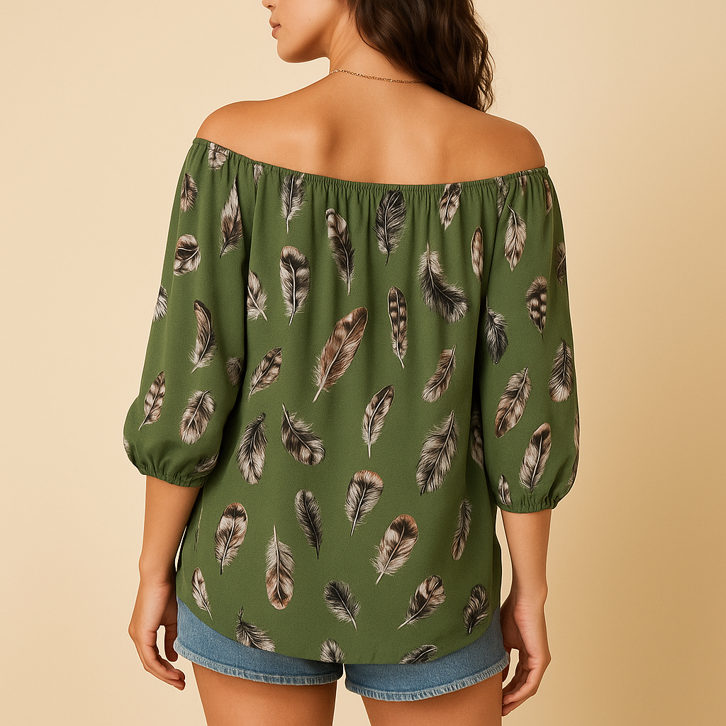 Feather print v-neck blouse for women with a relaxed fit and breathable feel, suitable for casual summer outfits and everyday wear.