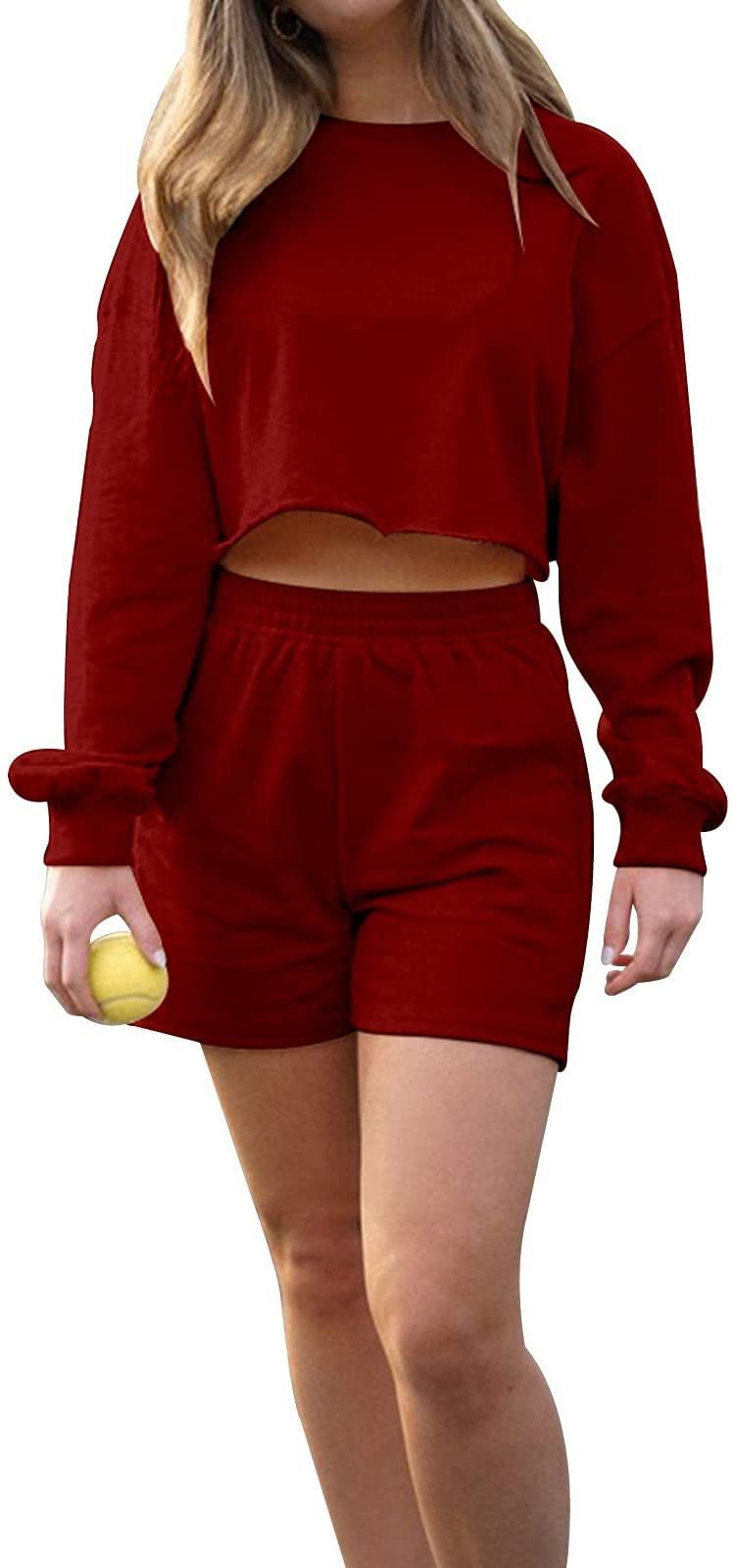 Women's Sports Sweater Set Long-Sleeved Solid Shorts