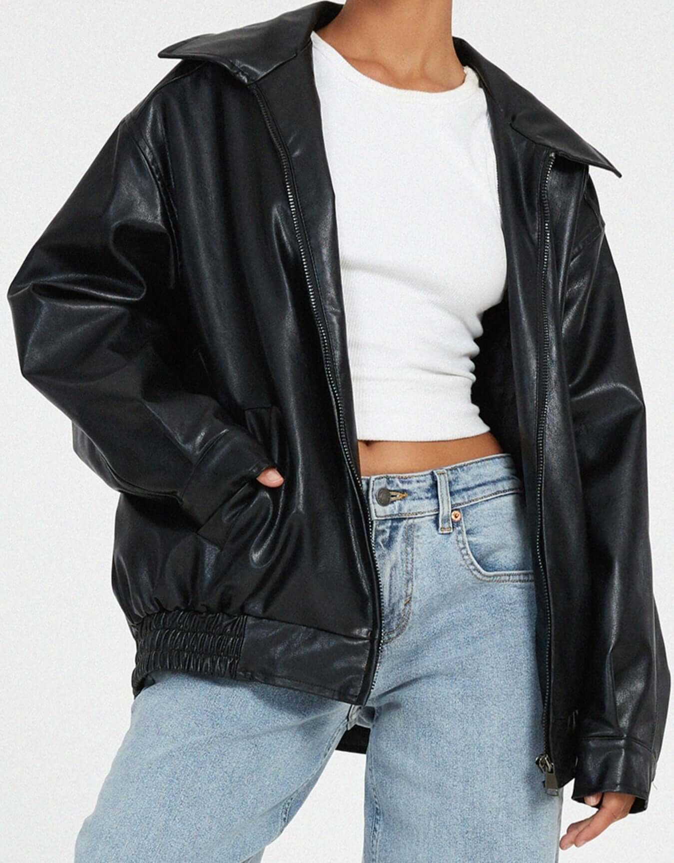 Women's Faux Leather Jacket Oversized Comfortable Black