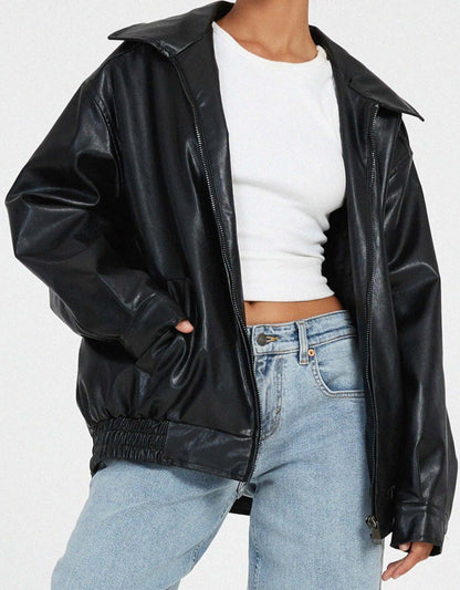 Women's Faux Leather Jacket Oversized Comfortable Black