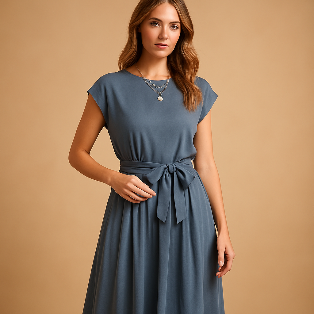 Fitted summer midi or maxi dress for women with tailored waist and breathable fabric, ideal for weddings, vacations, and summer parties.