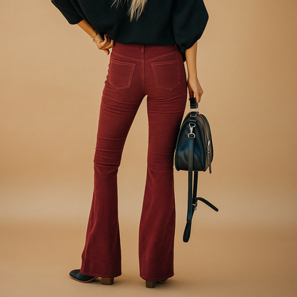 Women’s flared corduroy trousers with ribbed texture and vintage inspired silhouette, perfect for casual outfits or stylish semi-formal looks.