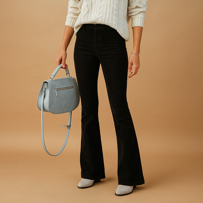 Women’s flared corduroy trousers with ribbed texture and vintage inspired silhouette, perfect for casual outfits or stylish semi-formal looks.