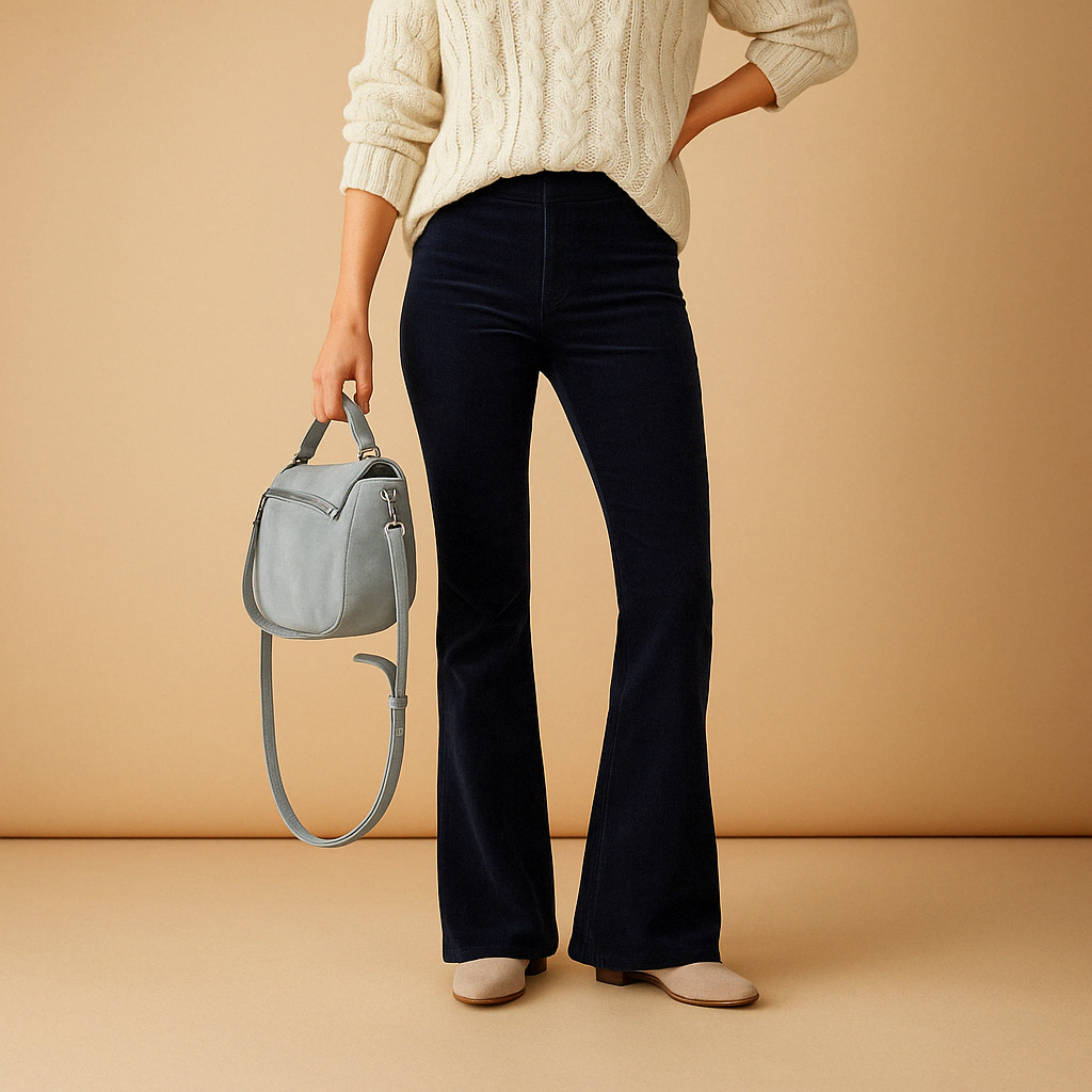 Women’s flared corduroy trousers with ribbed texture and vintage inspired silhouette, perfect for casual outfits or stylish semi-formal looks.