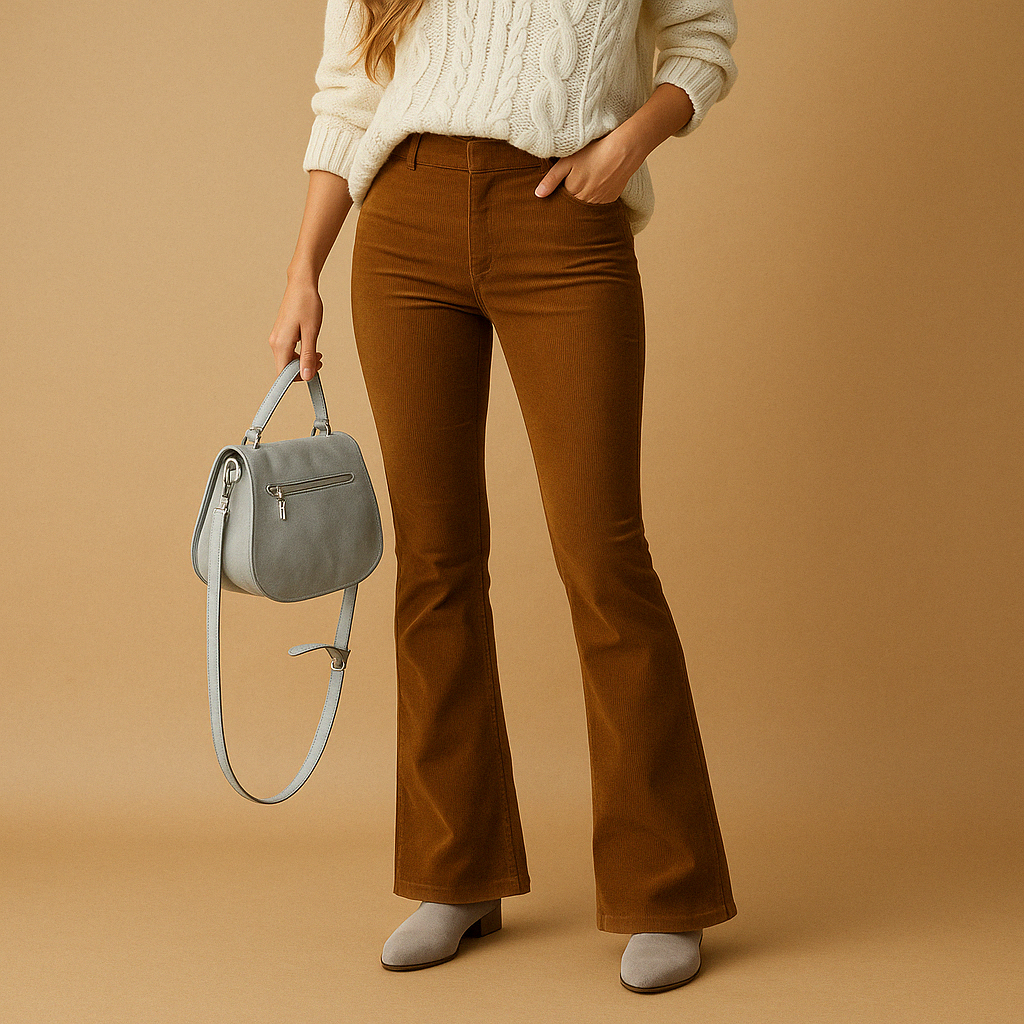 Women’s flared corduroy trousers with ribbed texture and vintage inspired silhouette, perfect for casual outfits or stylish semi-formal looks.
