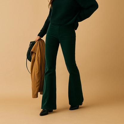 Women’s flared corduroy trousers with ribbed texture and vintage inspired silhouette, perfect for casual outfits or stylish semi-formal looks.