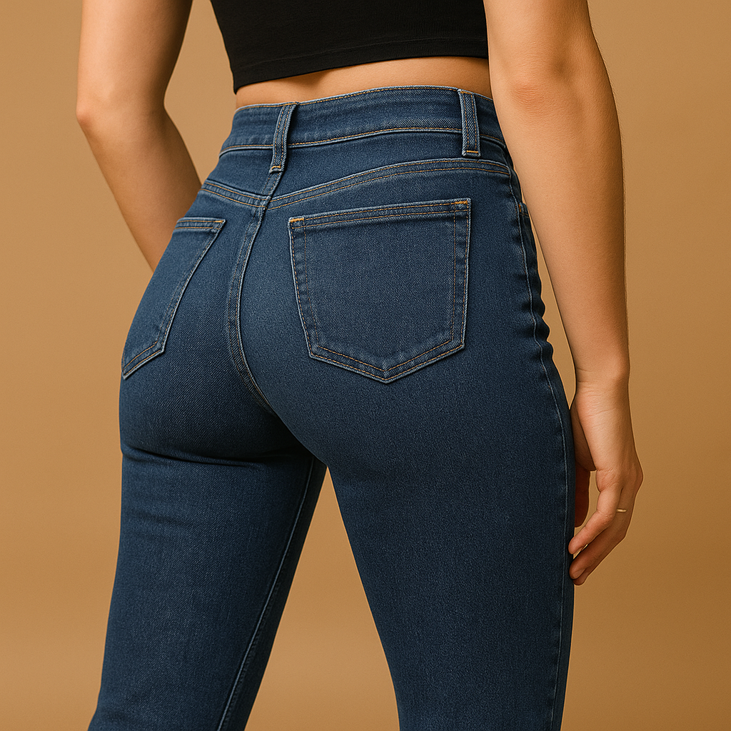 Women’s flared high waist jeans in classic denim blue with a flattering silhouette, perfect for casual outfits or stylish evening looks.