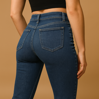 Women’s flared high waist jeans in classic denim blue with a flattering silhouette, perfect for casual outfits or stylish evening looks.