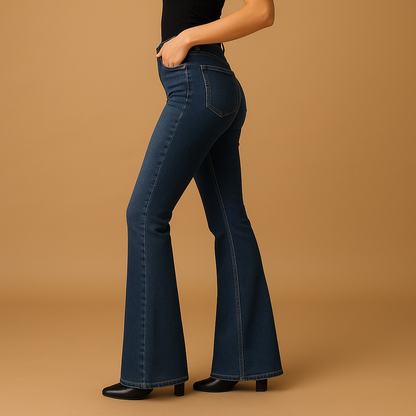 Women’s flared high waist jeans in classic denim blue with a flattering silhouette, perfect for casual outfits or stylish evening looks.