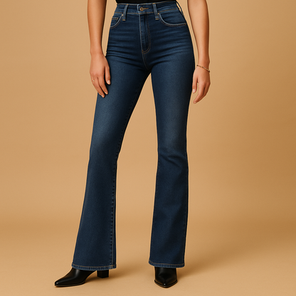 Women’s flared high waist jeans in classic denim blue with a flattering silhouette, perfect for casual outfits or stylish evening looks.