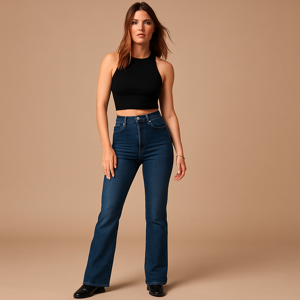 Women’s flared high waist jeans in classic denim blue with a flattering silhouette, perfect for casual outfits or stylish evening looks.