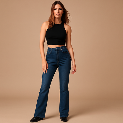 Women’s flared high waist jeans in classic denim blue with a flattering silhouette, perfect for casual outfits or stylish evening looks.