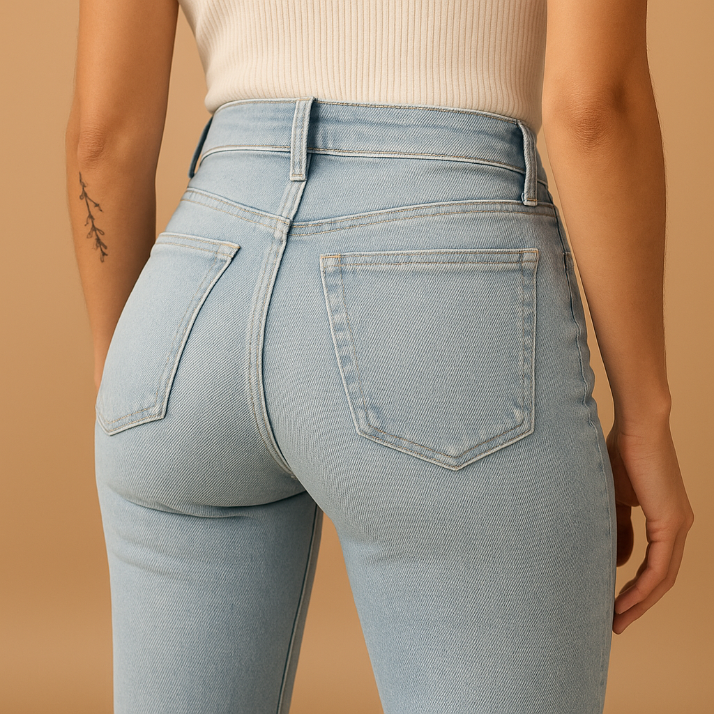 Women’s flared high waist jeans in classic denim blue with a flattering silhouette, perfect for casual outfits or stylish evening looks.