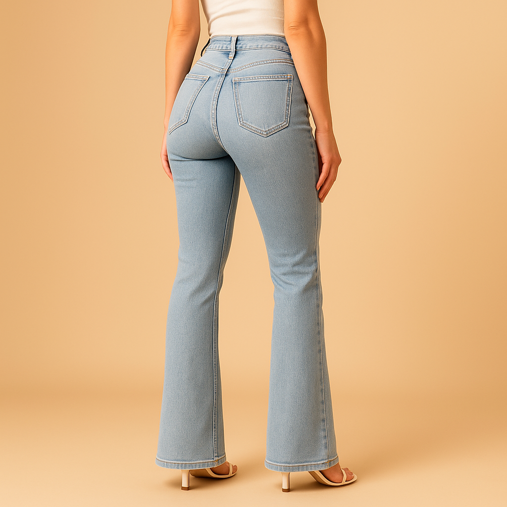 Women’s flared high waist jeans in classic denim blue with a flattering silhouette, perfect for casual outfits or stylish evening looks.