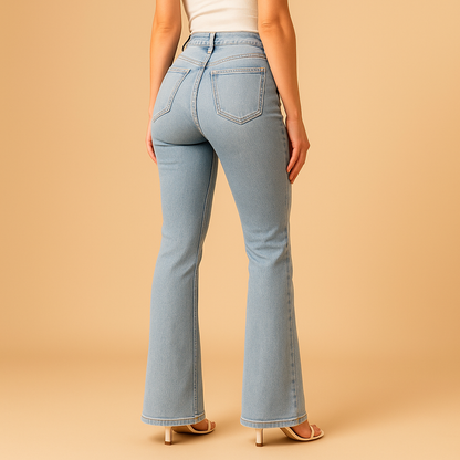 Women’s flared high waist jeans in classic denim blue with a flattering silhouette, perfect for casual outfits or stylish evening looks.