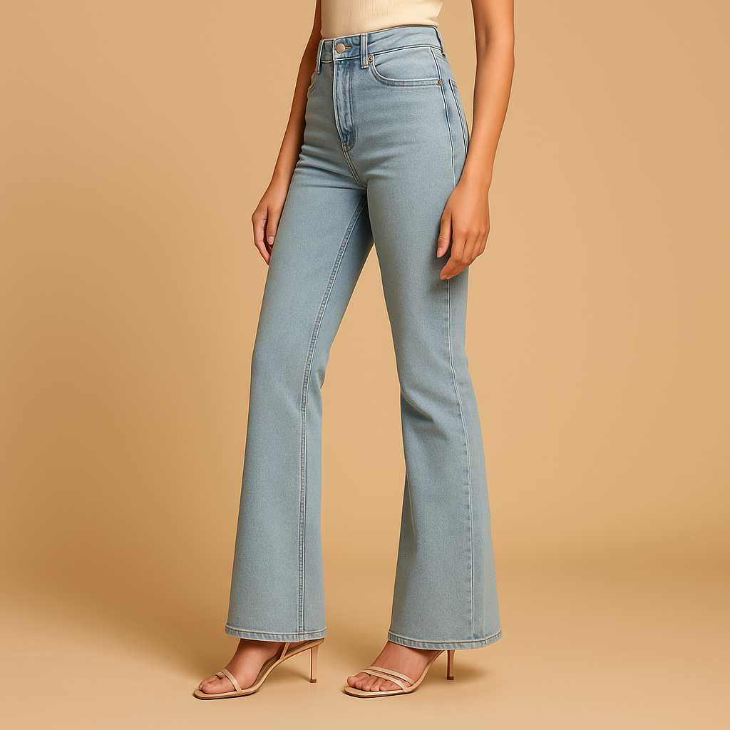 Women’s flared high waist jeans in classic denim blue with a flattering silhouette, perfect for casual outfits or stylish evening looks.