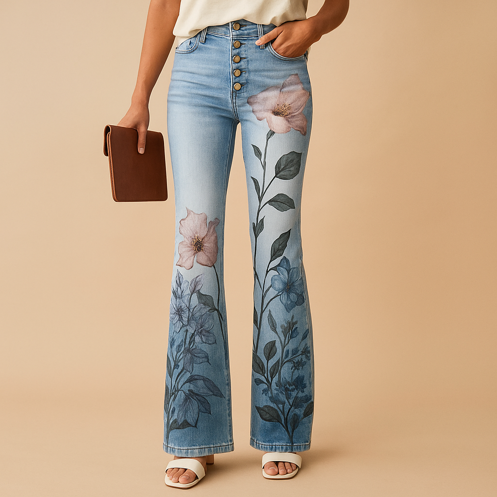 Flared printed jeans for women with floral and butterfly patterns and a relaxed fit, perfect for casual spring and summer outfits with a playful style.