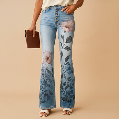 Flared printed jeans for women with floral and butterfly patterns and a relaxed fit, perfect for casual spring and summer outfits with a playful style.