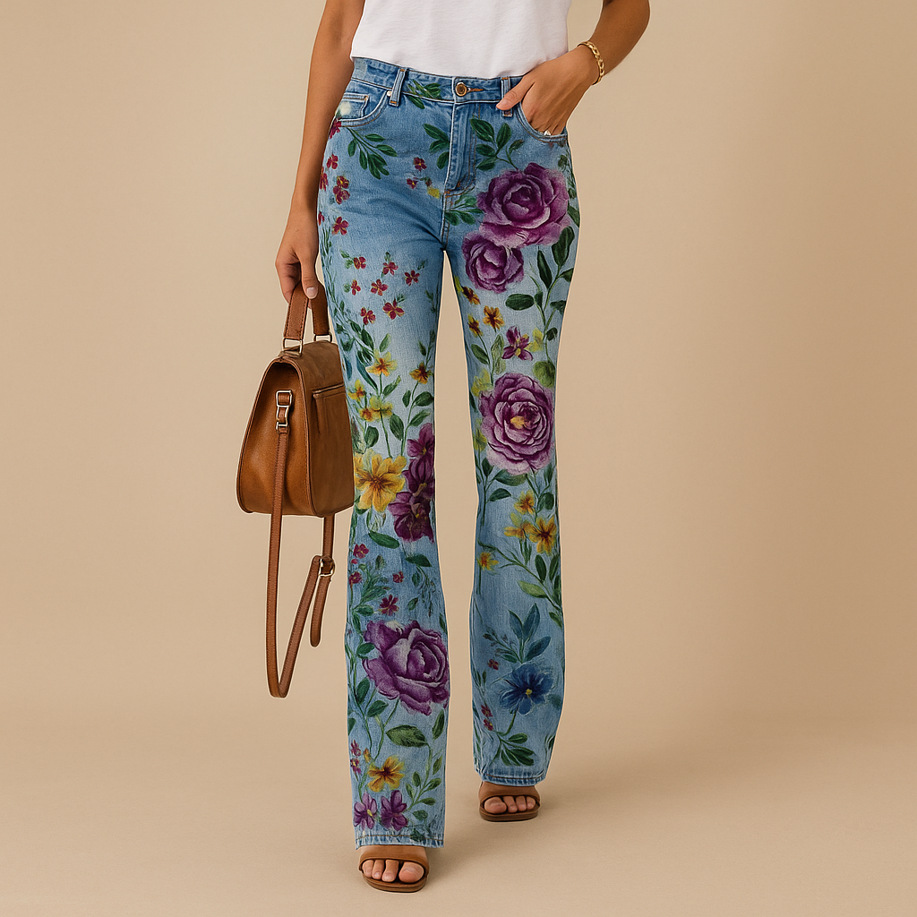 Flared printed jeans for women with floral and butterfly patterns and a relaxed fit, perfect for casual spring and summer outfits with a playful style.