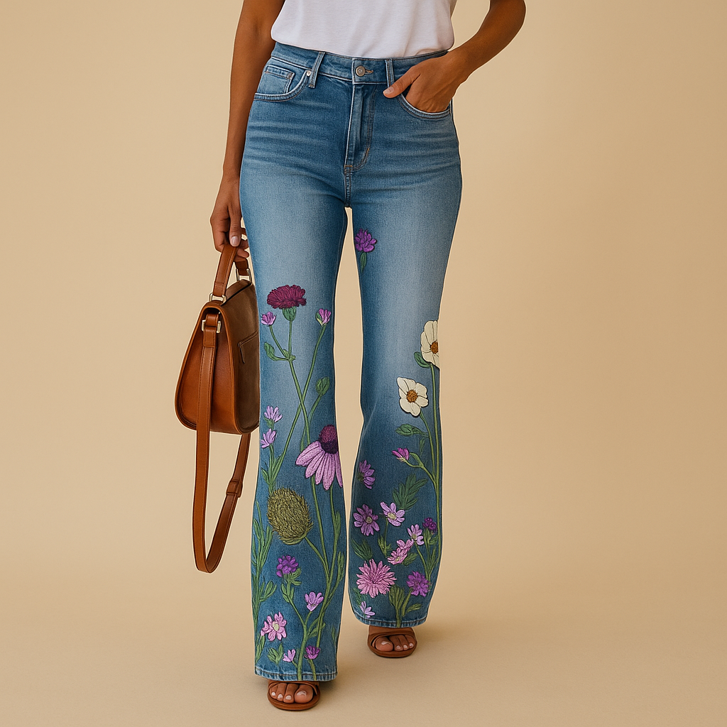 Flared printed jeans for women with floral and butterfly patterns and a relaxed fit, perfect for casual spring and summer outfits with a playful style.