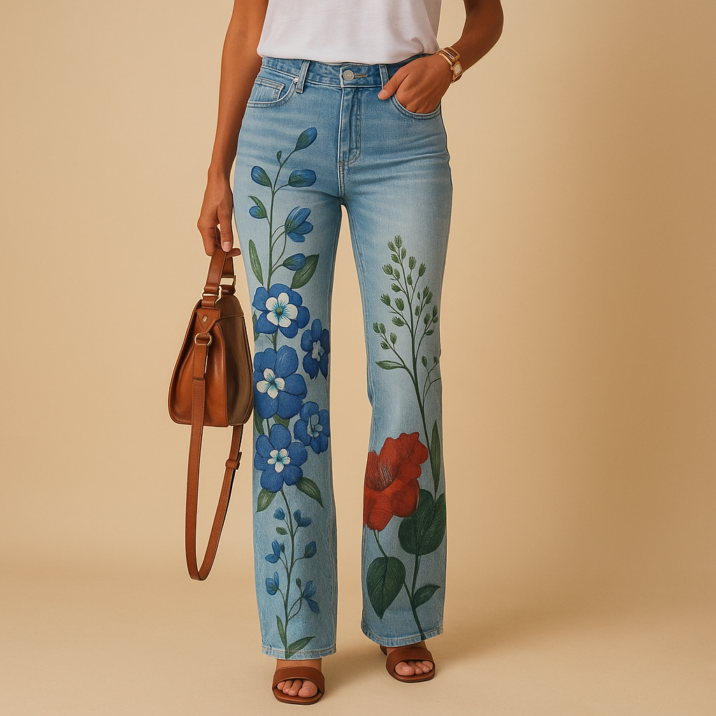 Flared printed jeans for women with floral and butterfly patterns and a relaxed fit, perfect for casual spring and summer outfits with a playful style.