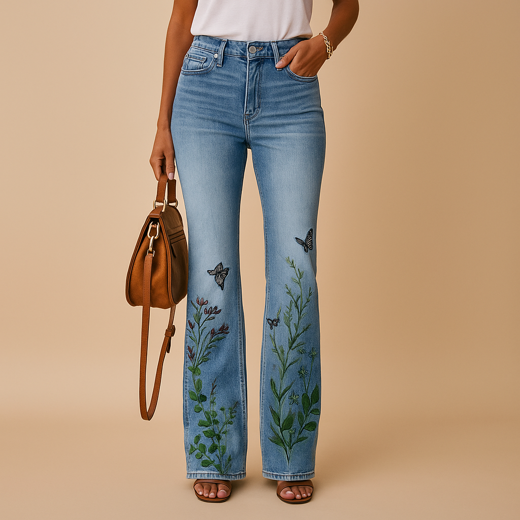 Flared printed jeans for women with floral and butterfly patterns and a relaxed fit, perfect for casual spring and summer outfits with a playful style.