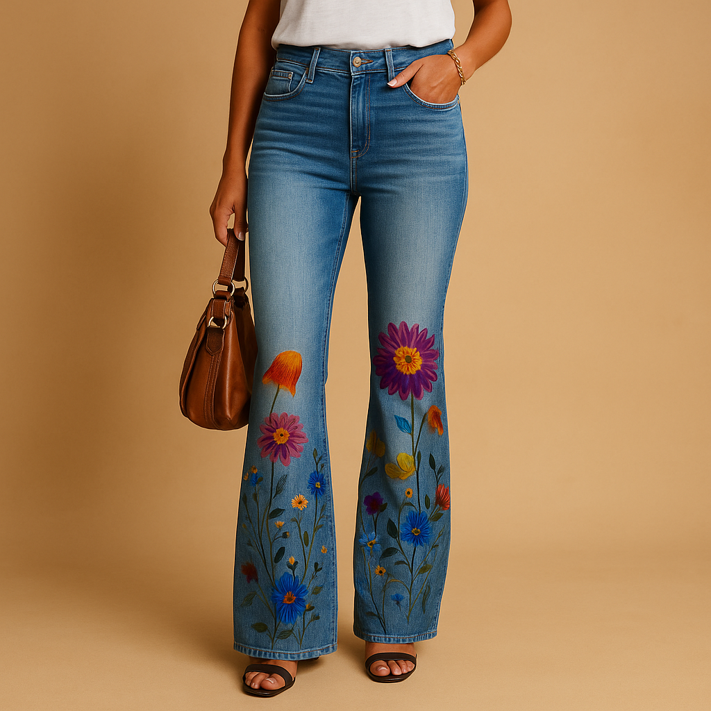Fashionable Wide Leg Printed Jeans for Women - VibreMode