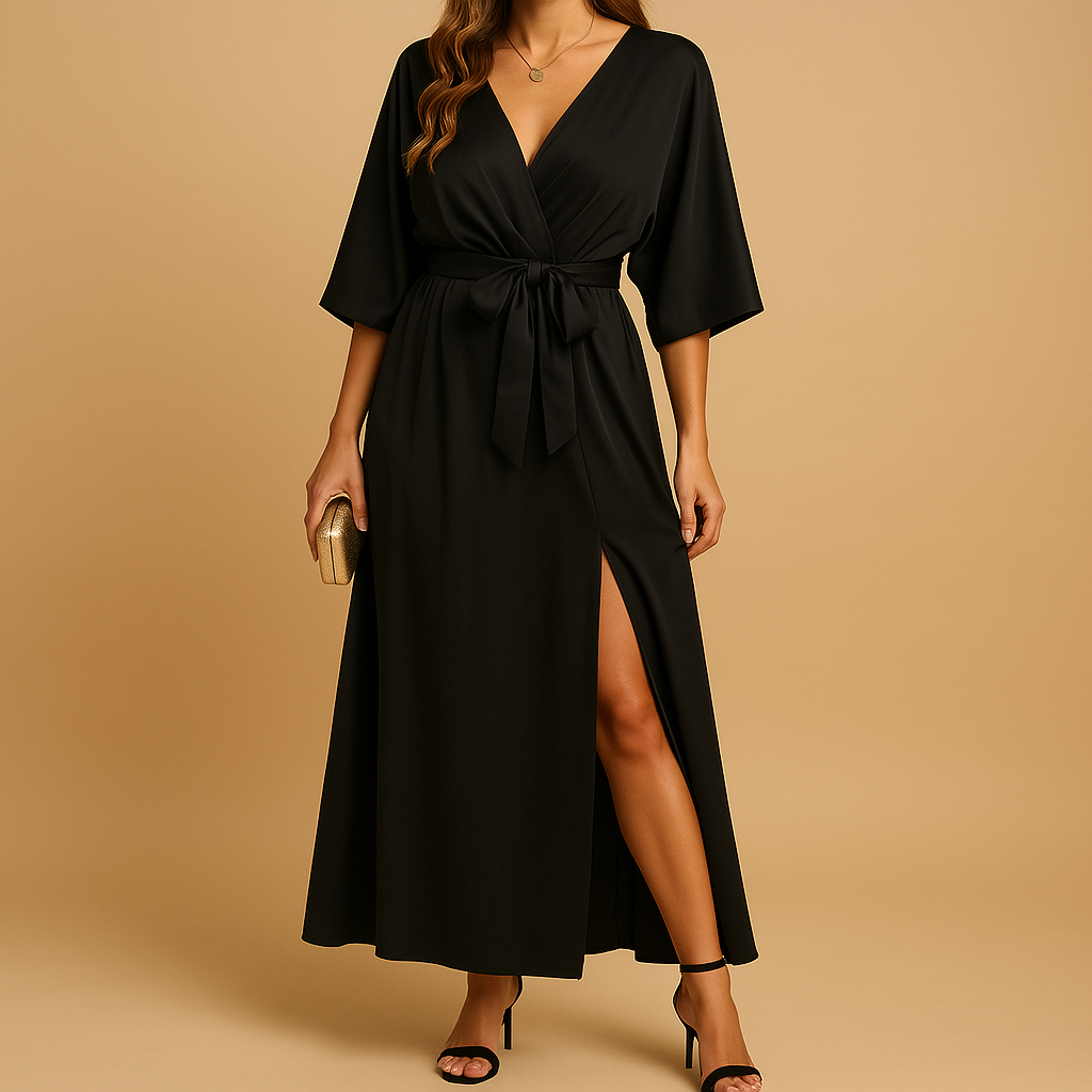 Flattering V-neck smart casual dress for women with an elegant tailored cut, suitable for everyday outfits and special occasions.
