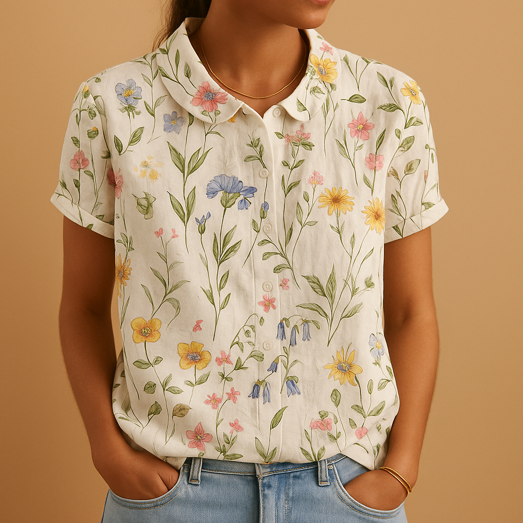 Women’s floral blouse with relaxed fit and breathable fabric, featuring a multicolor flower print for casual and warm-weather outfits.