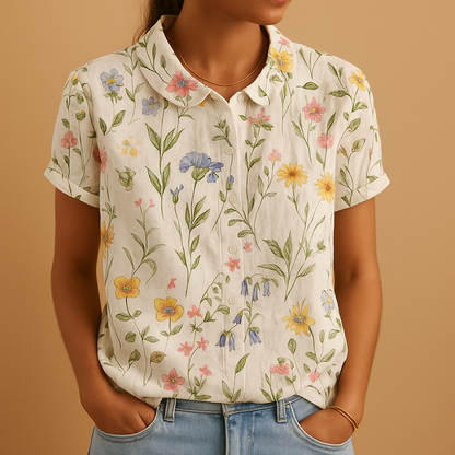 Women’s floral blouse with relaxed fit and breathable fabric, featuring a multicolor flower print for casual and warm-weather outfits.