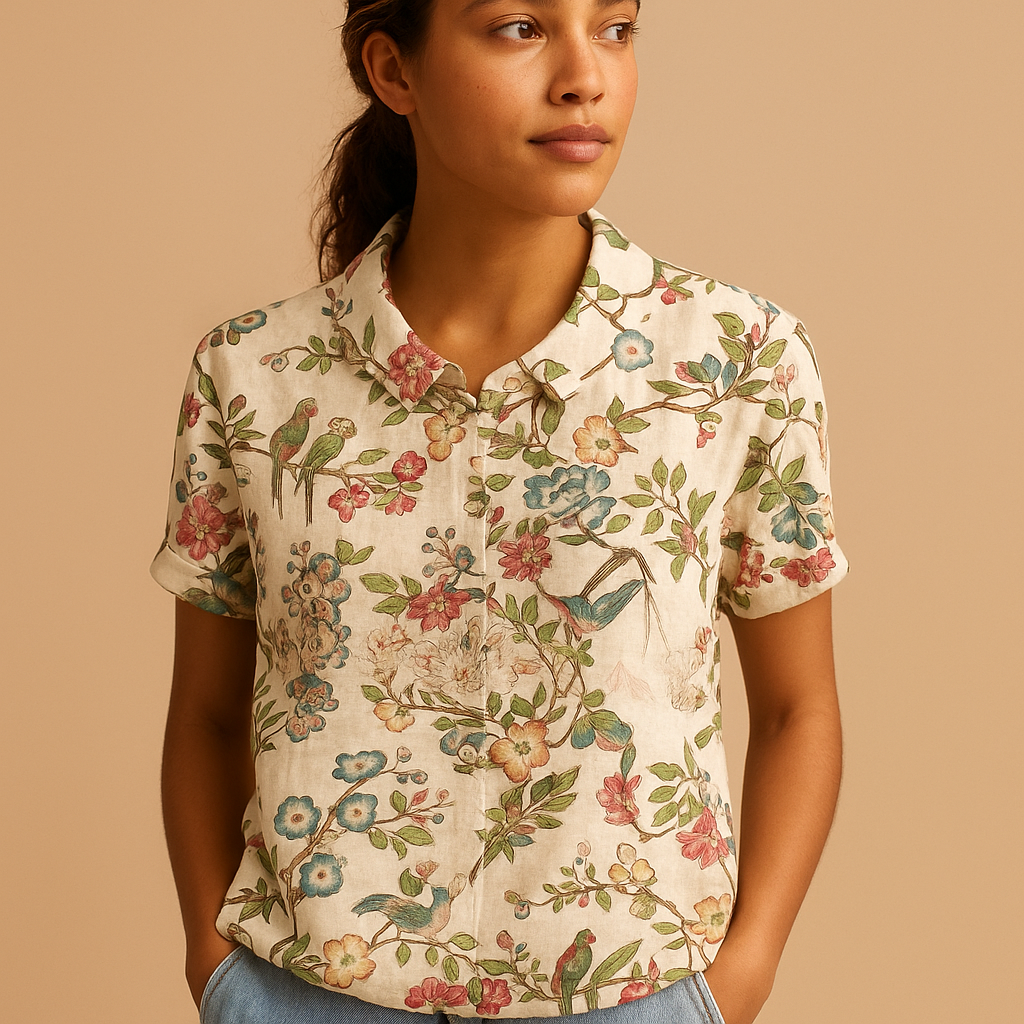 Women’s floral blouse with relaxed fit and breathable fabric, featuring a multicolor flower print for casual and warm-weather outfits.