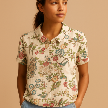Women’s floral blouse with relaxed fit and breathable fabric, featuring a multicolor flower print for casual and warm-weather outfits.