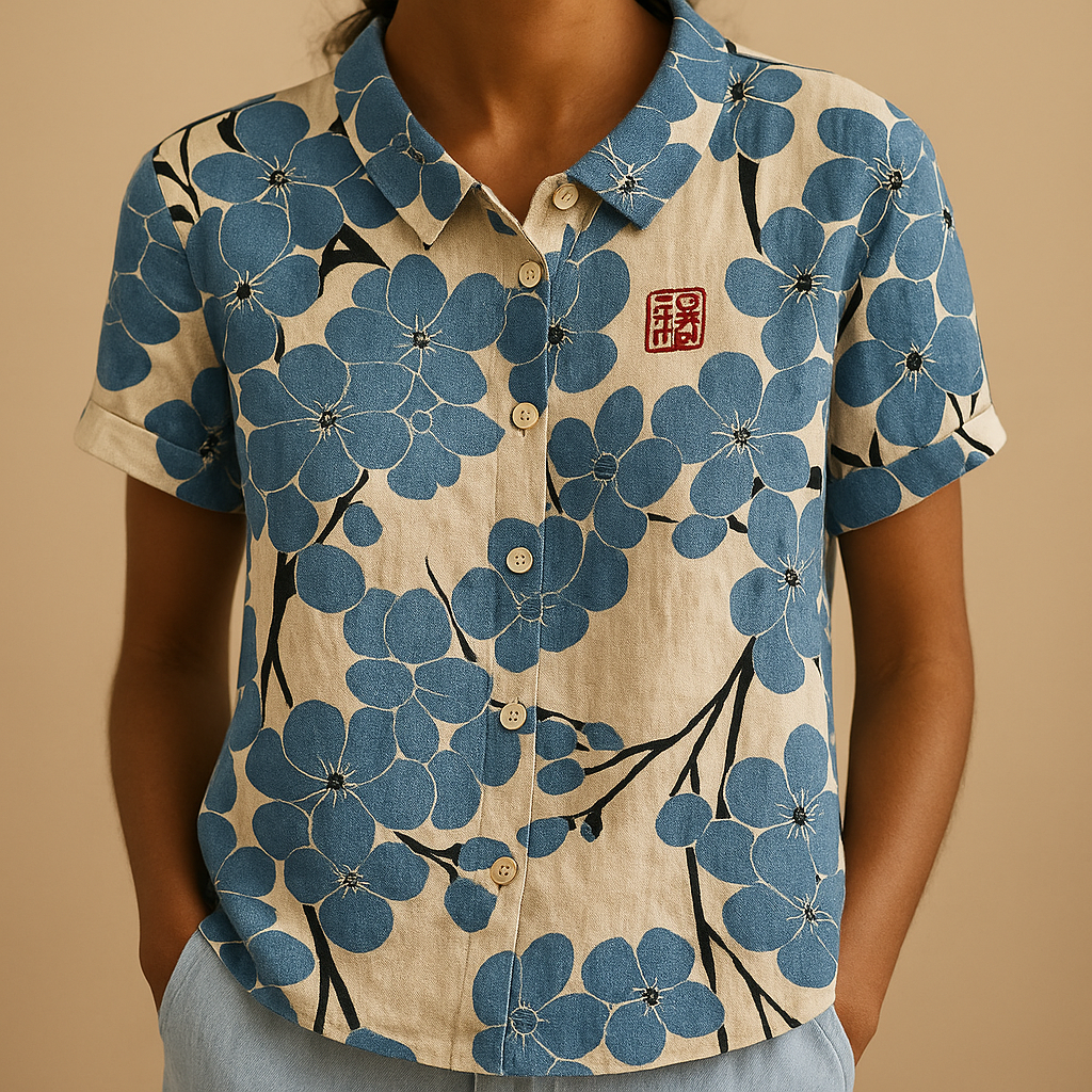 Women’s floral blouse with relaxed fit and breathable fabric, featuring a multicolor flower print for casual and warm-weather outfits.
