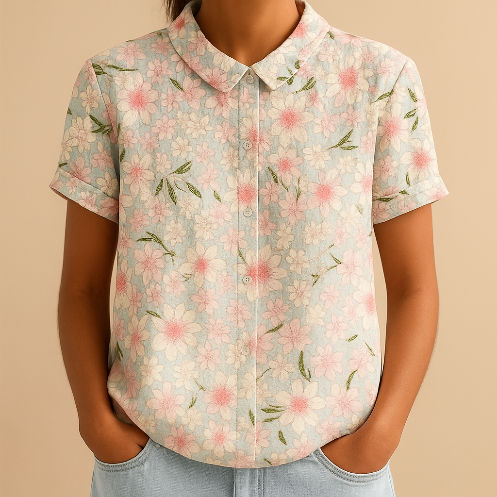 Women’s floral blouse with relaxed fit and breathable fabric, featuring a multicolor flower print for casual and warm-weather outfits.