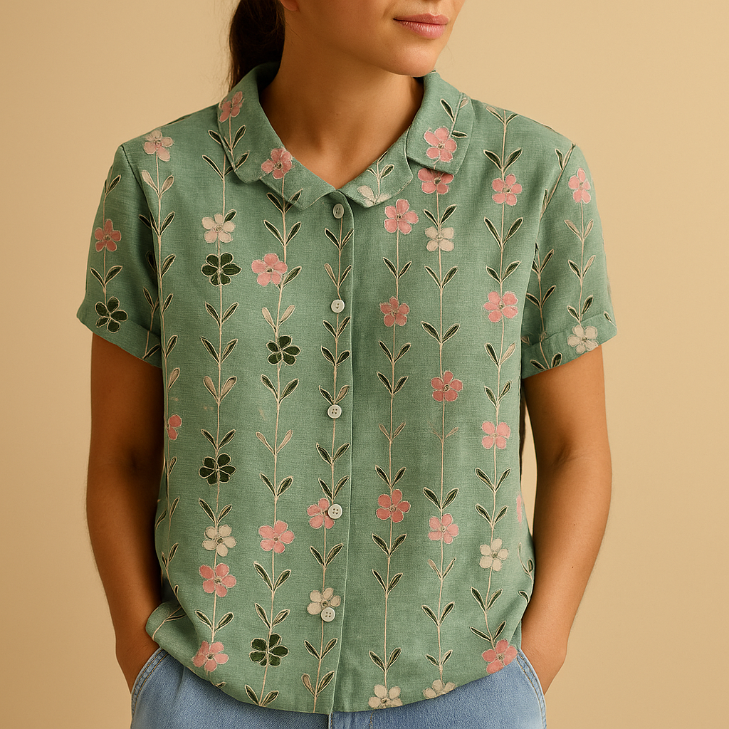 Women’s floral blouse with relaxed fit and breathable fabric, featuring a multicolor flower print for casual and warm-weather outfits.