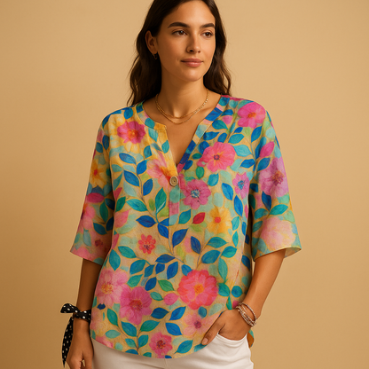 Floral button-up blouse for women with a relaxed fit and classic collar, suitable for summer wear, casual outfits, and stylish occasions.